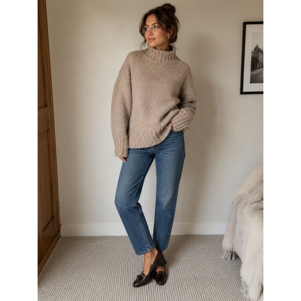 J.Crew Women's Large Alpaca Wool Blend Chunky Knit Turtleneck Sweater Beige Cozy